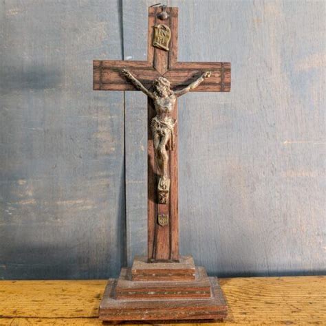 Later 19th Century French Brass Inlaid Mahogany Table Crucifix With