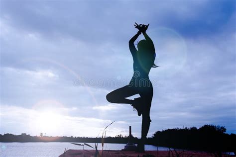 Yoga in Silhouette with Dramatic Sunset Sky Background Stock Image ...