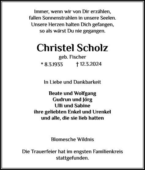 Traueranzeigen Von Christel Scholz Sh Z Trauer