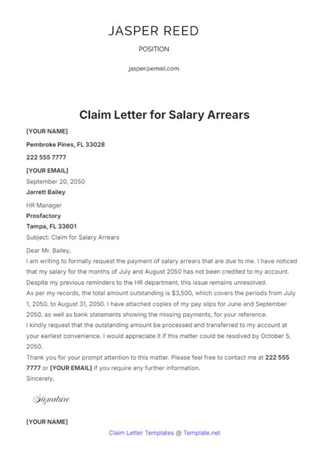 Free Claim Letter for Salary Arrears Template to Edit Online