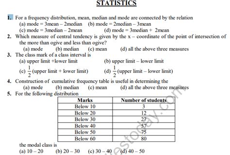 Cbse Class 10 Mathematics Statistics Mcqs Set A Multiple Choice