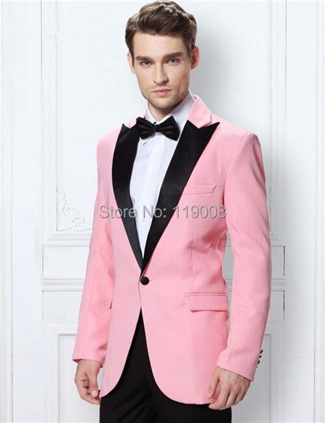 2015 Newest Slim Fit One Button Pink Groom Tuxedos Peak Lapel Groomsmen