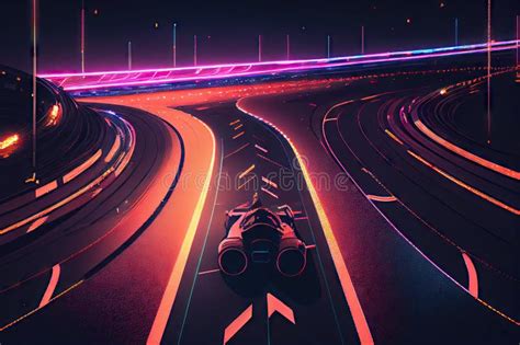 Race Track at Night, with Glowing Neon Lights and Stars in the ...