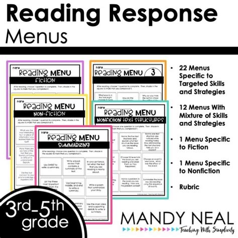 Reading Response Menus Journals And Activities For Independent Reading