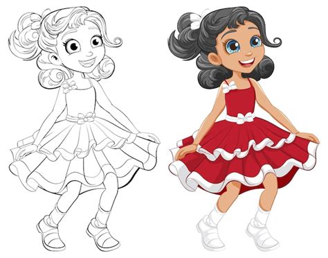 Chica Feliz Bailando Personaje De Dibujos Animados Y Esquema Para