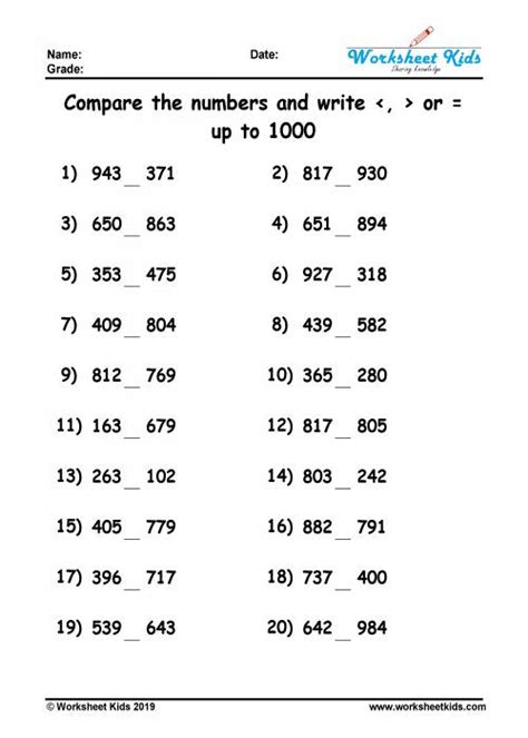 Comparing Numbers Worksheets From 1 To 1000 Free Printable Pdf