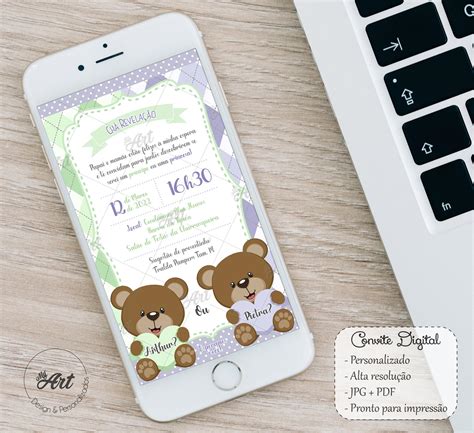 Convite Digital Chá Revelação Verde E Lilás Ursinho Personalizado