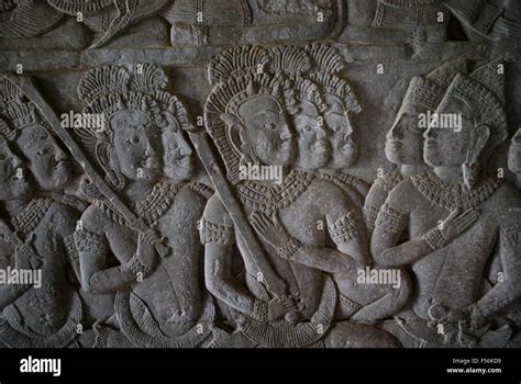 Ancient Khmer Bas Relief Wall Carving Showing Khmer Warriors Fighting