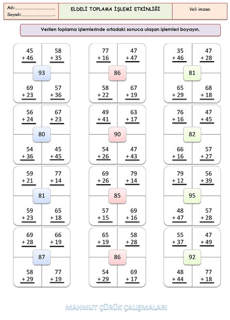 2 Sınıf Matematik Eldeli Toplama İşlemi Etkinliği MaviOkul 2024 2025