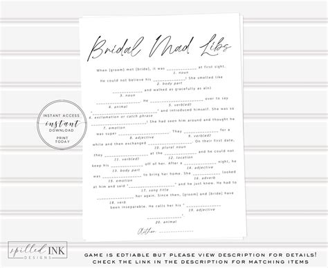 Editable Bridal Mad Libs Game Minimalist Bridal Shower Game Etsy