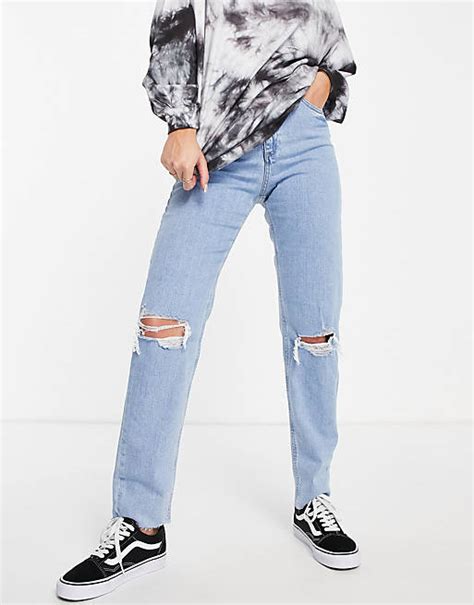 Asos Design High Rise Farleigh Slim Mom Jeans In Lightwash With Rips