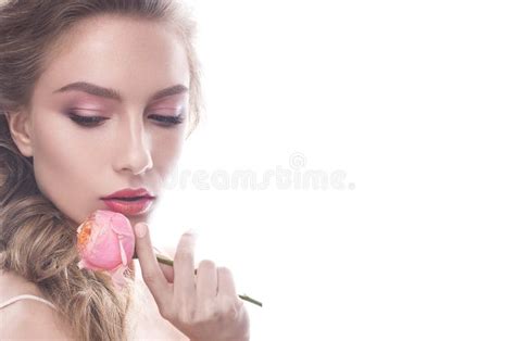 Beautiful Girl Image Bride Flower Model Nude Makeup Rose Her Hand Stock