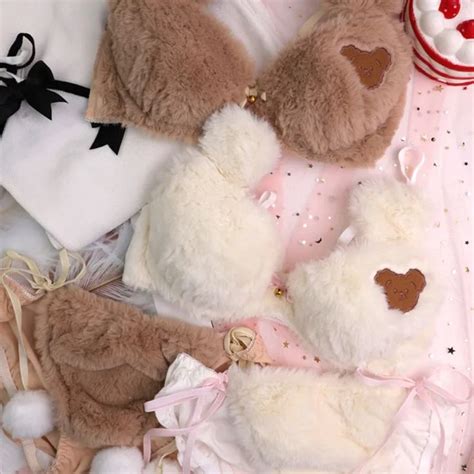 Womens Lolita Kawaii 2pcs Bra Panty Set Cute Bear Embroidery Fluffy