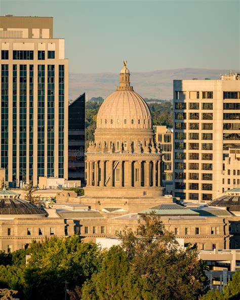 Idaho State Capital And Park Of The Boise Skyline At Sunrise Stock