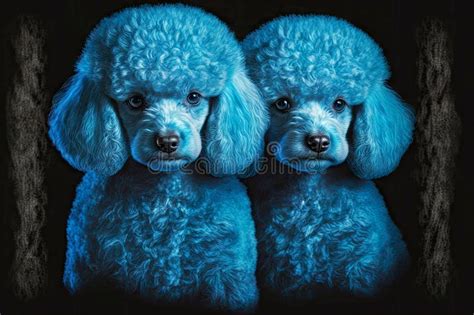 Portrait Of Fluffy Painted In Blue Color Little Poodles On Black