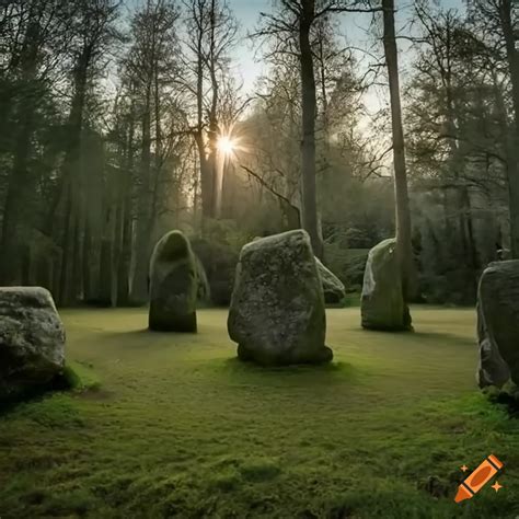 Ancient Stone Circle In A Wooded Area At Dusk On Craiyon