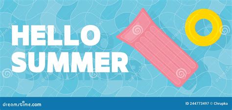 Hello Summer Banner Wavy Swimming Pool And Floating Swim Mattress And