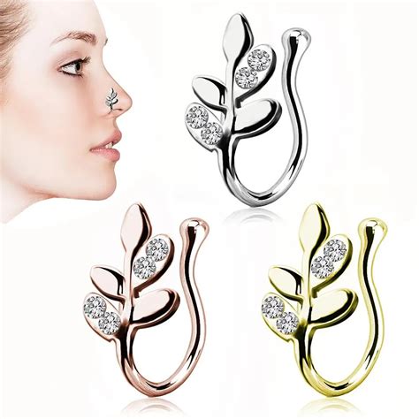 Women Fashion Jewelry T Rhinestone Leaf Pattern Non Piercing Clip