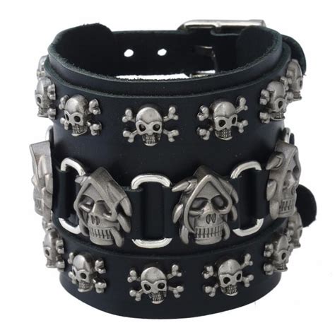 Bracelet Gothique Homme Avec Cr Ne De Pirate En Cuir Breloque Avec