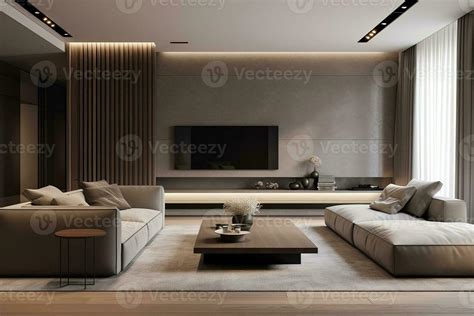 Luxury living room with beige walls, wooden floor, beige sofa and ...