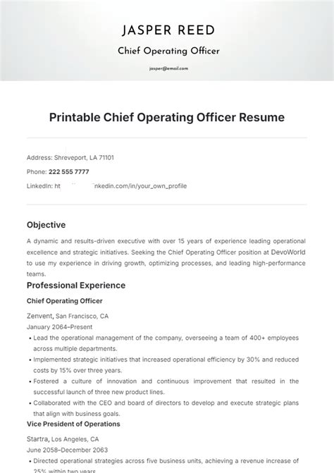 Free Printable Chief Operating Officer Resume Template Edit Online