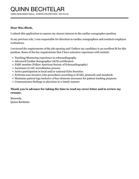 Cardiac Sonographer Cover Letter | Velvet Jobs
