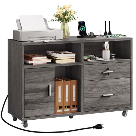 Dextrus Drawer Wood File Cabinet With Printer Stand Charging Station