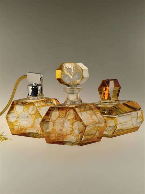 Bohemian Czech Art Deco Glass Vanity Perfume Bottles Set By Karel Palda