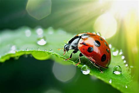 A Red Ladybug Crawls Through Green Grass With Drops Of Dew Close Up