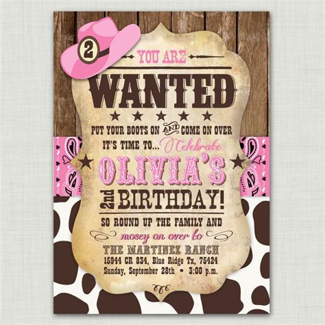 Pink Bandana Cowprint Birthday Invitations Cowgirl Birthday Party Invitations Cowgirl