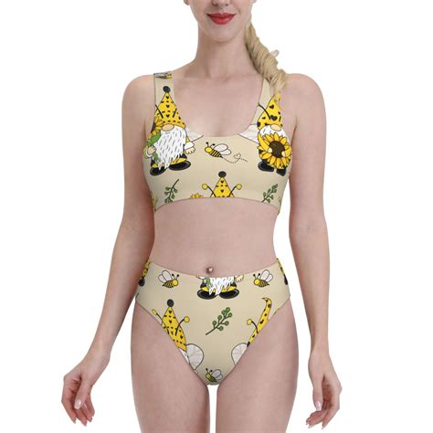 Lukts Women High Waisted Bikini Set Gnomes Bees And Sunflowers Swimsuit