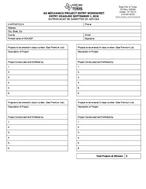 Fillable Online AG MECHANICS PROJECT ENTRY WORKSHEET Fax Email Print