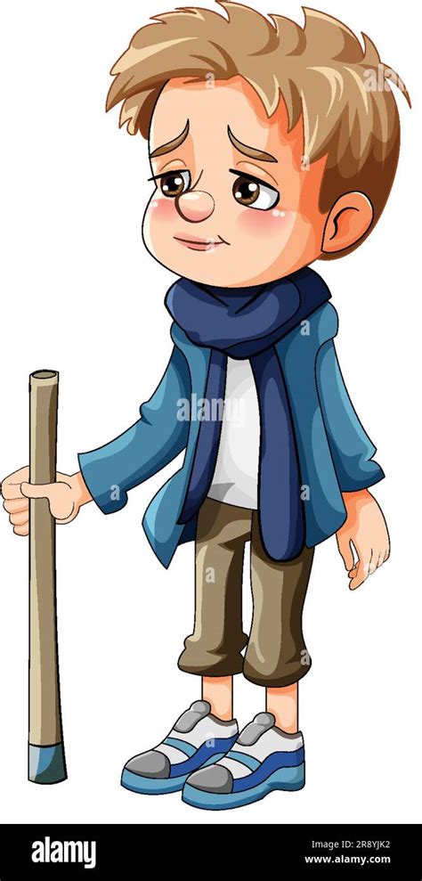 Sad boy cartoon character holding walking stick illustration Stock ...