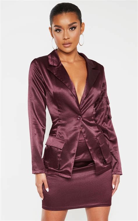 Plum Satin Pocket Fitted Blazer Two Piece Sets Prettylittlething Usa