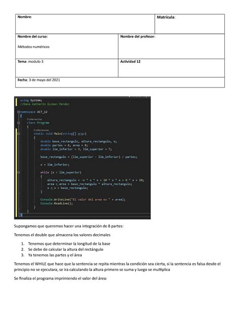 Actividad 12 Métodos numéricos Nombre Matrícula Nombre del curso