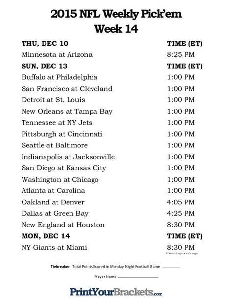 Week 14 Nfl Pick Em Sheet Printable Printable Word Searches