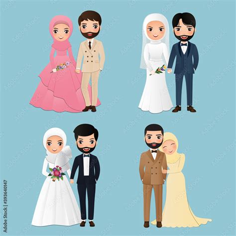 Set Of Characters Cute Muslim Bride And Groom Wedding Invitations Card