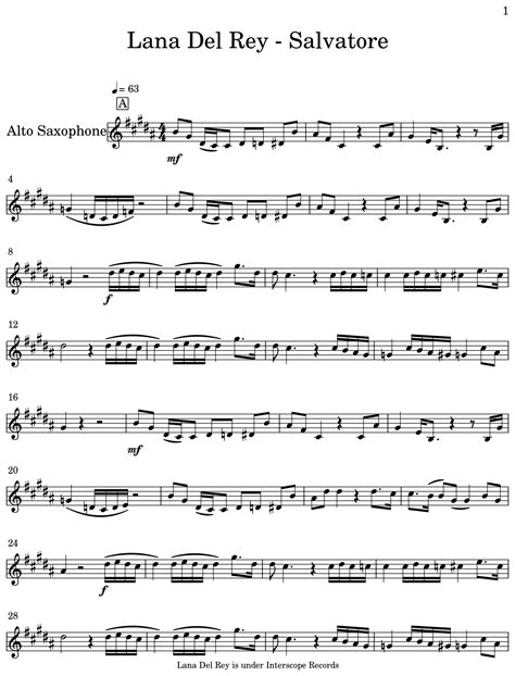 Lana Del Rey Salvatore Sheet Music For Alto Saxophone