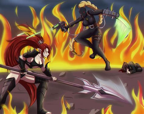 Two Women In Black And Red Outfits Are Fighting Over A Fire With Flames