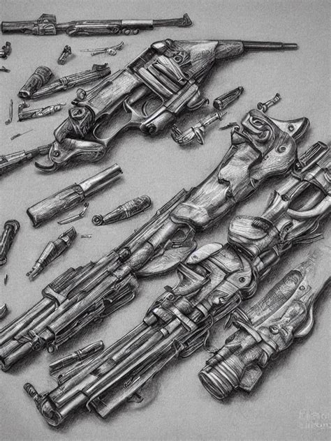 Detailed Pencil Etching Of Machine Guns Shotguns Stable Diffusion