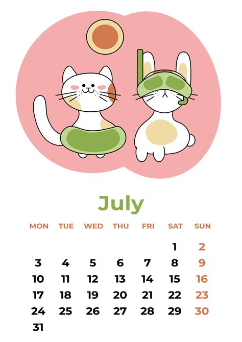 July 2023 Calendar Sheet With A Rabbit In A Water Mask And A Cat In A