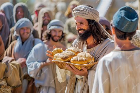 Premium Photo | Jesus Christ feeding crowd of five thousand people with loaves