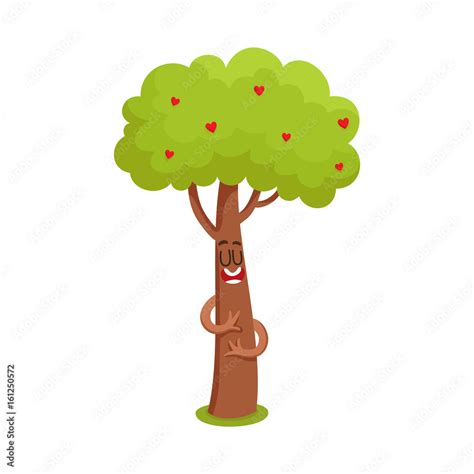 Funny Comic Tree Character Hugging Itself Heart In Leaves Symbol Of