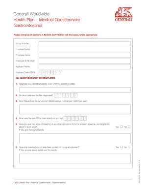 Generali Worldwide Health Plan Medical Questionnaire Gastrointestinal