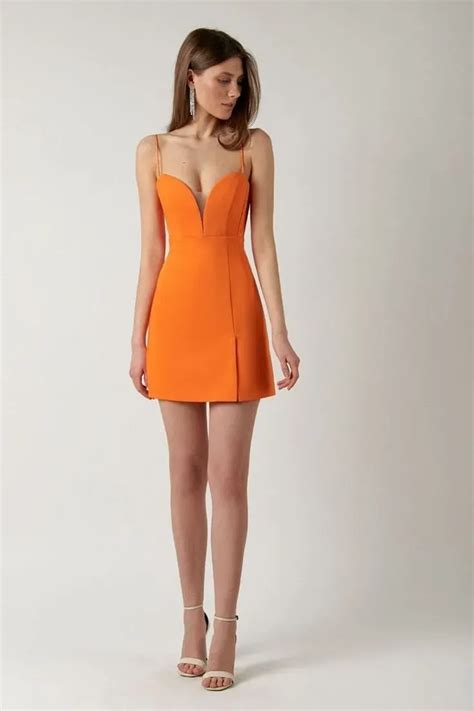 Deep neck orange mini dress - NEWME