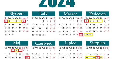 Dni wolne od pracy w 2024 roku KALENDARZ DŁUGIE WEEKENDY