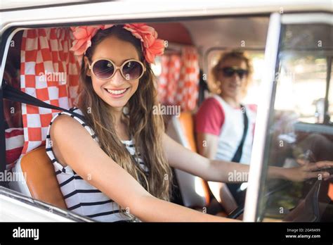 Portrait Of Smiling Woman Driving Camper Van Stock Photo Alamy