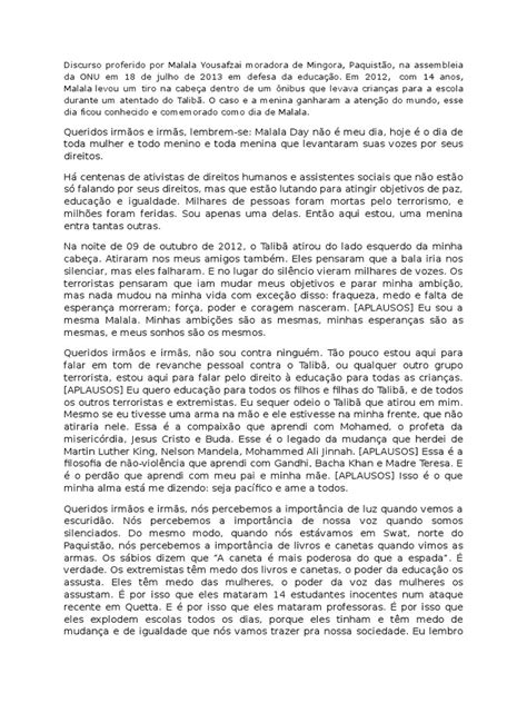 Pdf Discurso Proferido Por Malala Yousafzai Moradora De Mingora