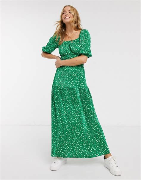 Asos Design Plisse Maxi Dress In Green Floral Ditsy Print Asos Maxi Dress Boho Chic Outfits