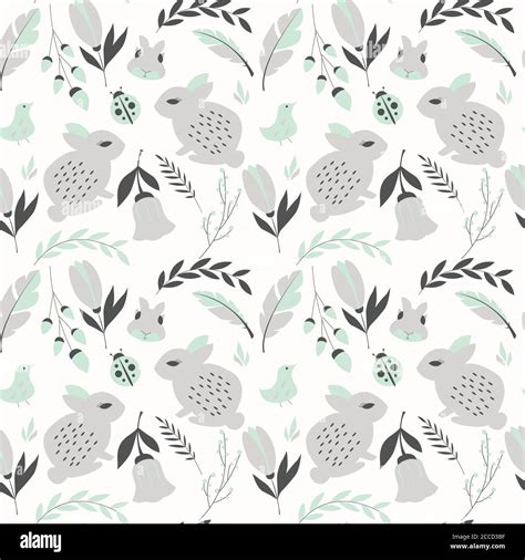 Seamless Pattern With Rabbits Lady Bugs Birds And Flowers Vector